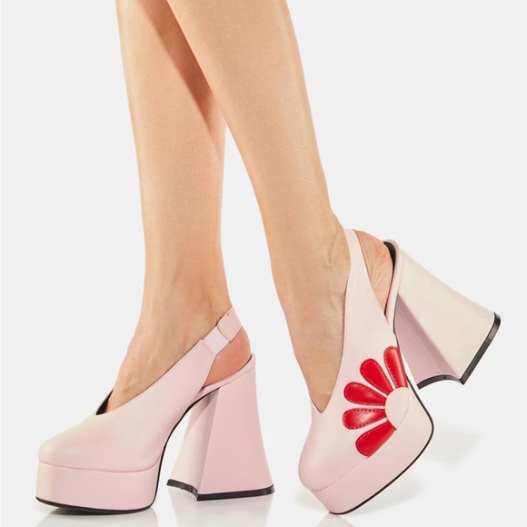 LaModa x Dolls Kill “you’re the one” platforms slingback heels pink red flower - Picture 9 of 9